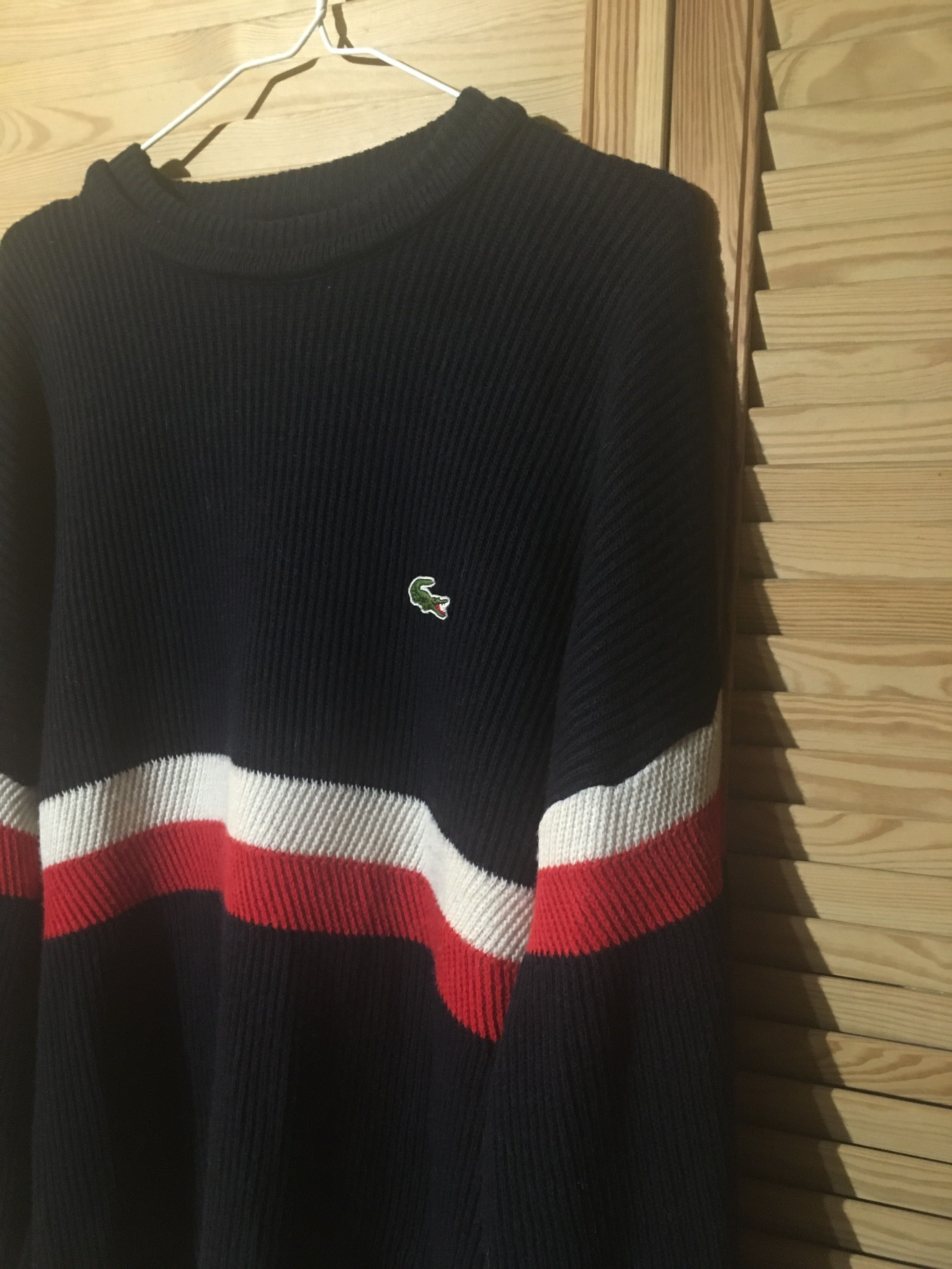 Sweter lacoste wełniany oryginalny ciemny granat paski vintage xxl