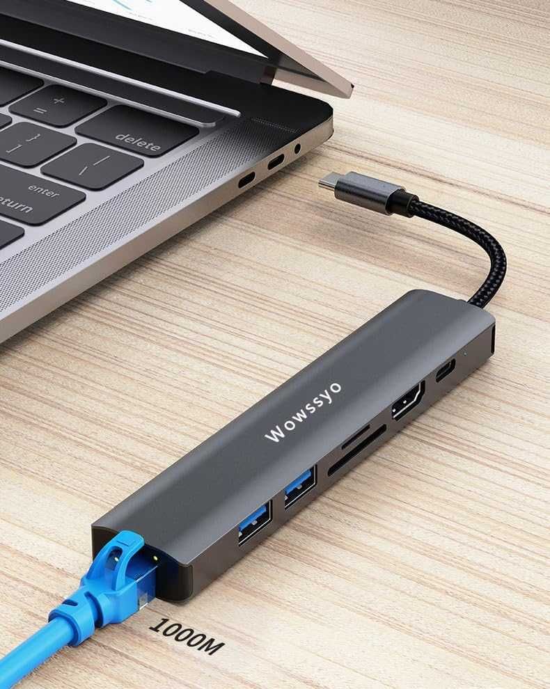 Hub USB C Ethernet 1000M, Wowssyo 7 w 1 Docking 4K Station Multiport