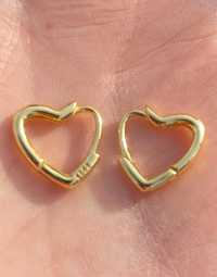 Kolczyki złote serca owalne klamry geometryczne srebro pozłacane