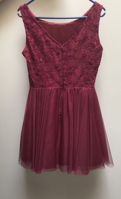 Bordowa sukienka manifesto tiul koronka