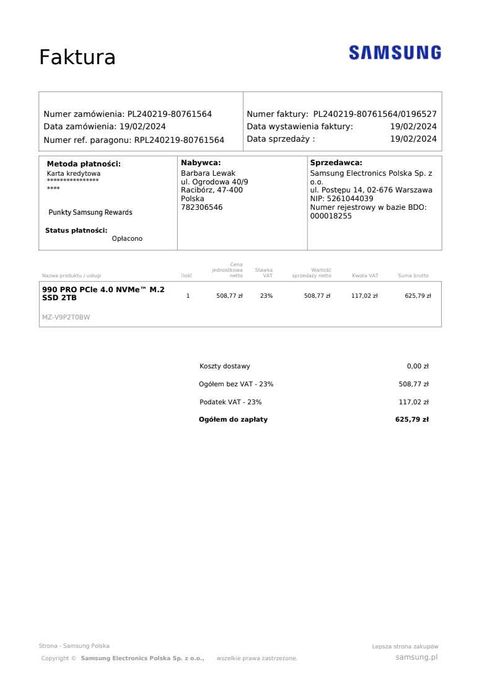 Samsung 990 PRO + obudowa UGREEN gwarancja