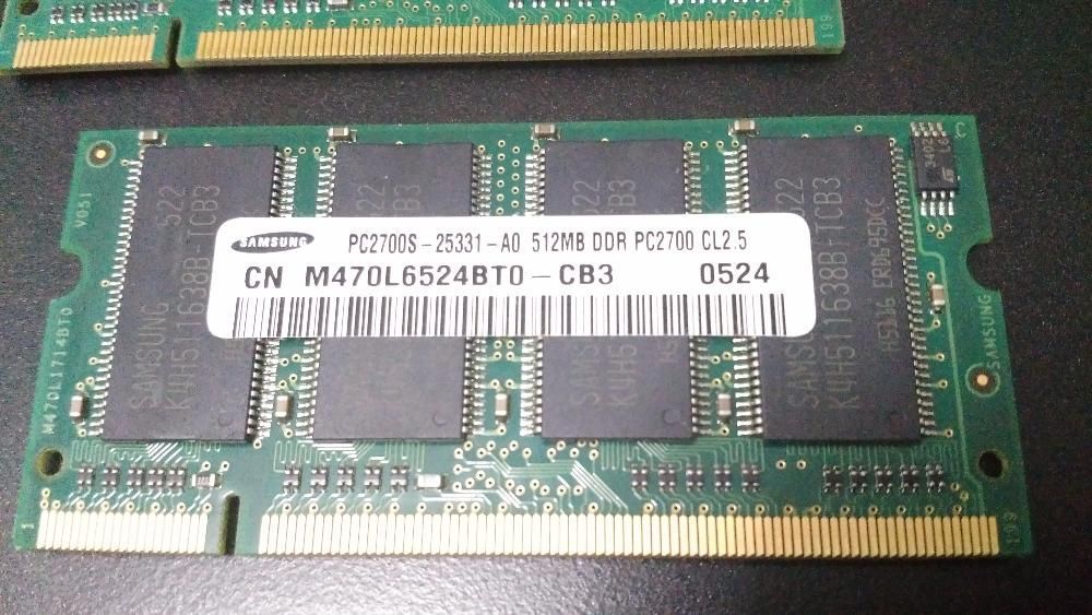 2 Memórias SoDimm DDR Samsung PC2700 de 512MB CL2.5