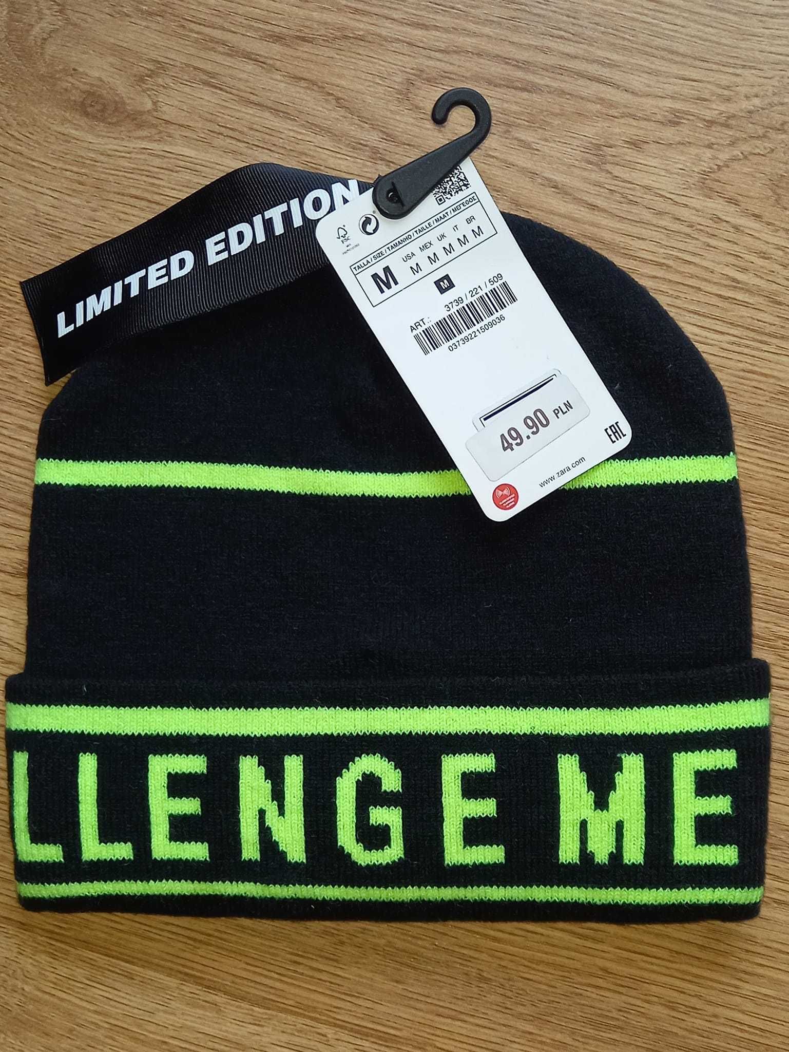 ZARA Dzianinowa czapka beanie napis neon - M