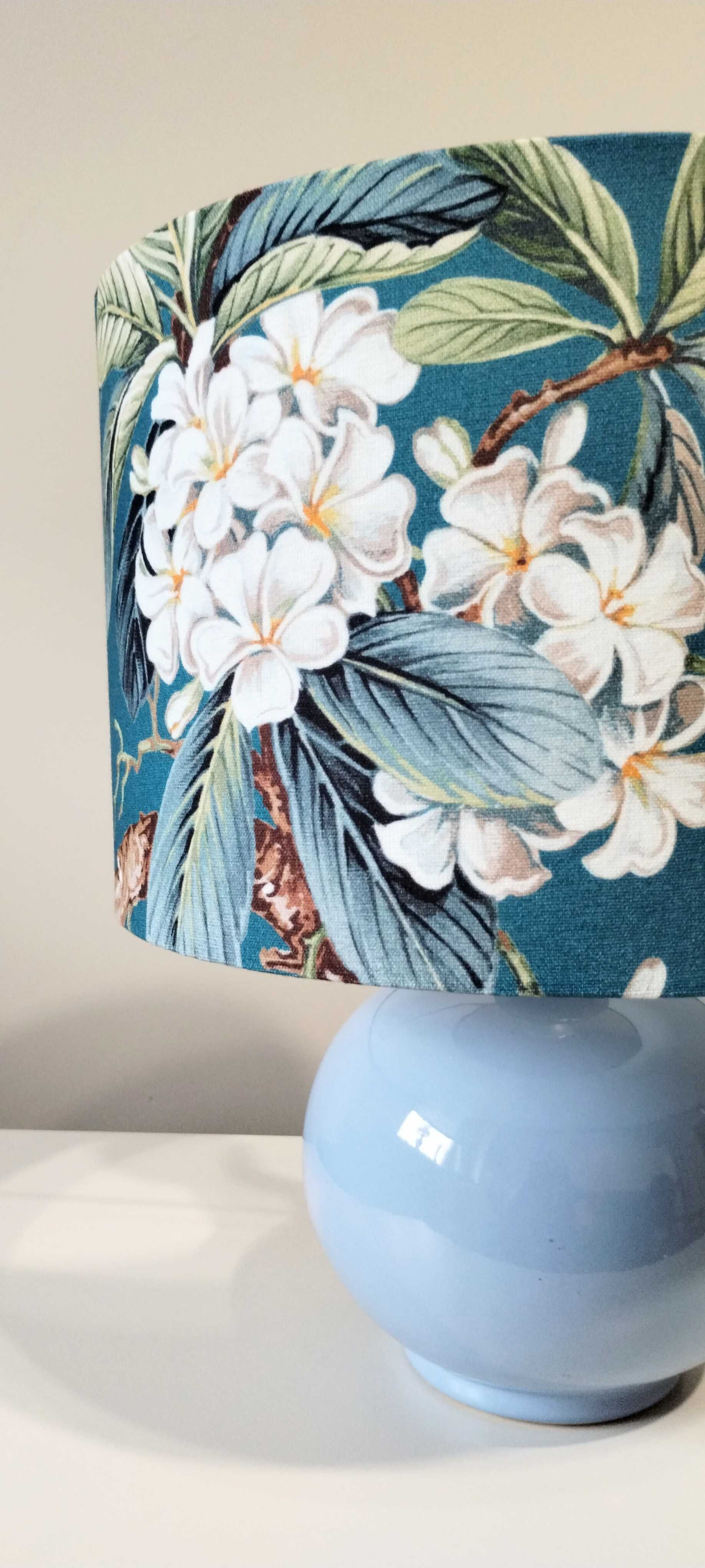 Lampa ceramiczna z abażurem z tkaniny "błękitna wiosna" wys 35cm
