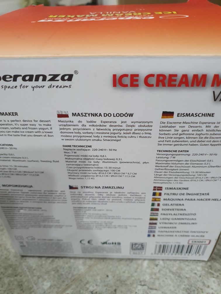 Maszynka do lodów Esperanza 7W 0.6L Biała Vanilla