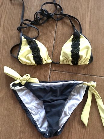 Bikini push up strój kąpielowy wkładki żółty szary koronka  s/m
