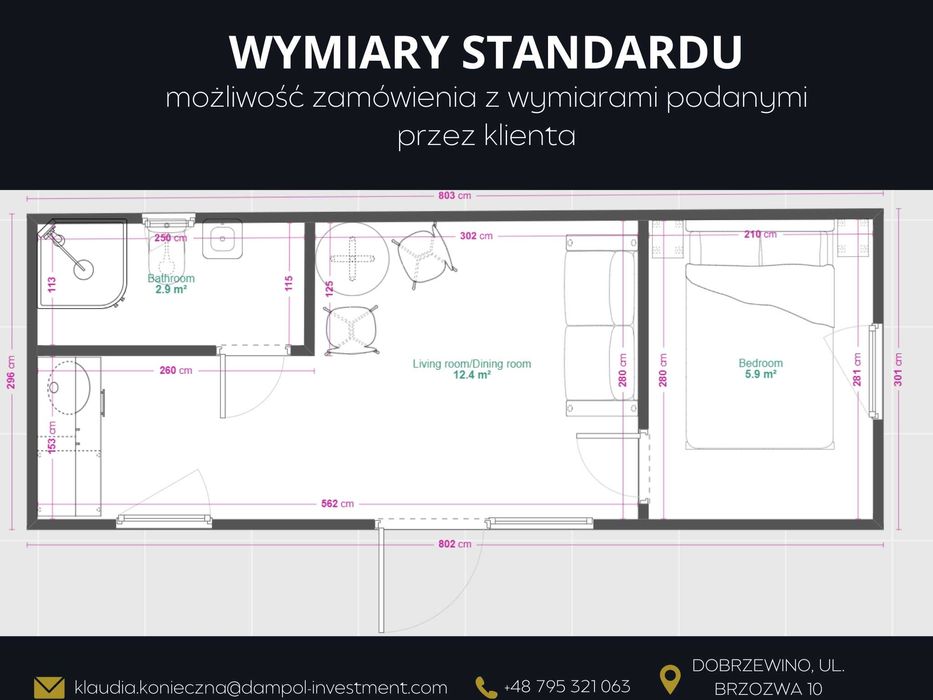 domek mobilny 24m2 8x3m/ ROD/ całoroczny, gotowy do podłączenia