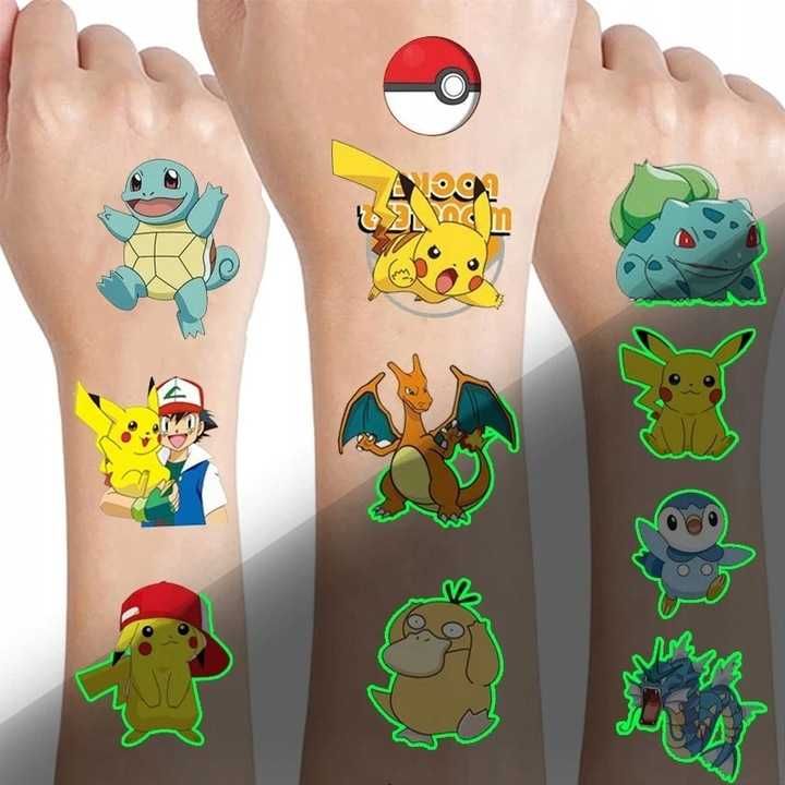 Tatuaże Pokemon Fluorescencyjne Pikatchu 40 sztuk +50 naklejek Pokemon