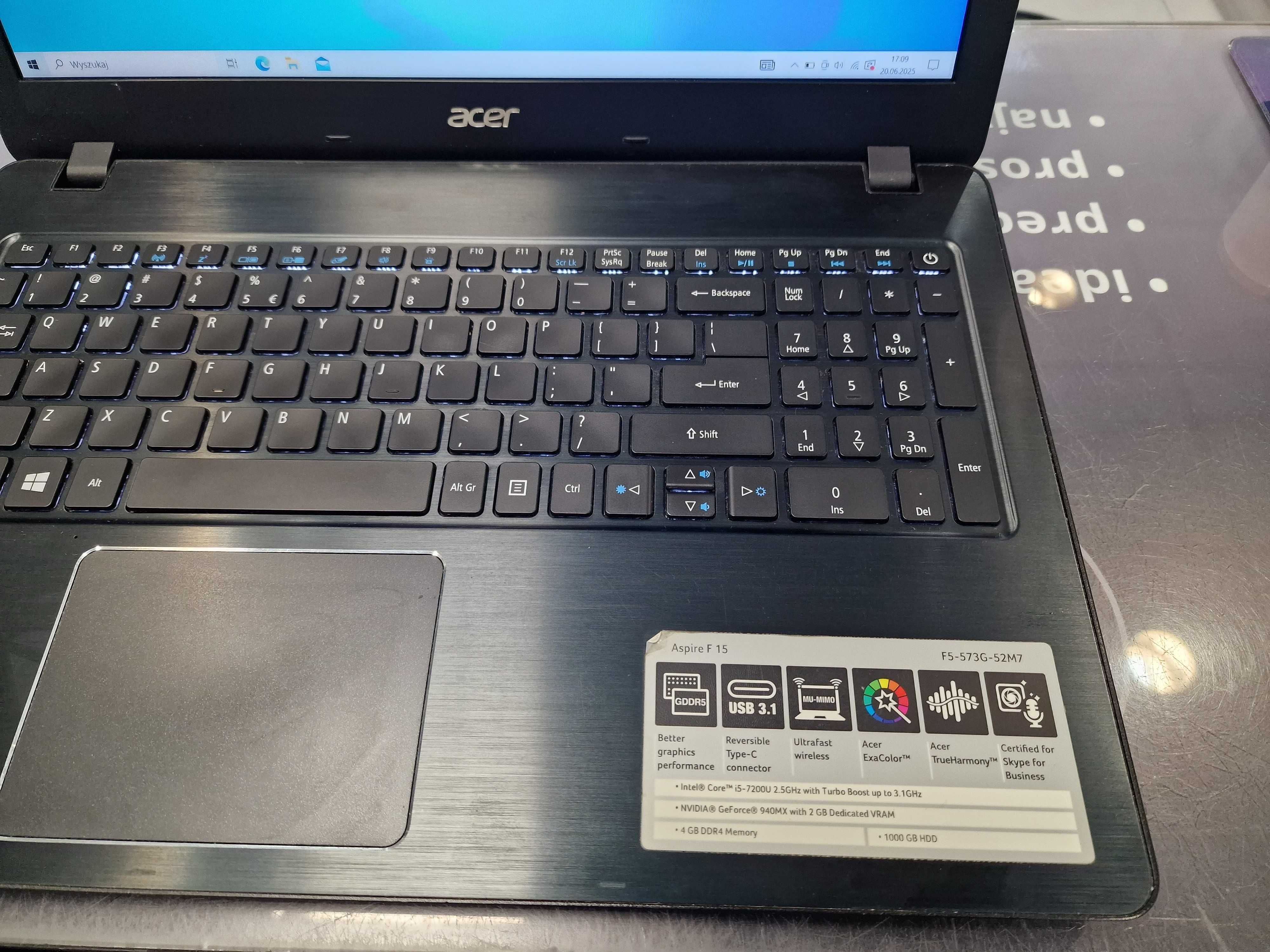 Acer Aspire F15/ i5-7200U/ 12GB/ 240GB SSD/ 940MX 2GB/ 15.6"/ W10 Home