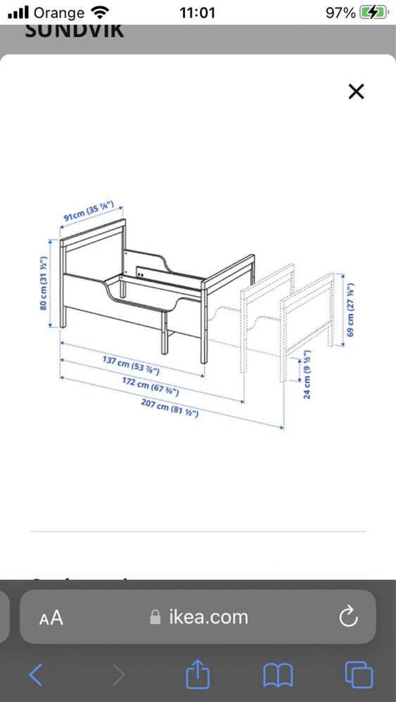 Ikea SUNDVIK Rozsuwana rama łóżka, biały, 80x200 cm