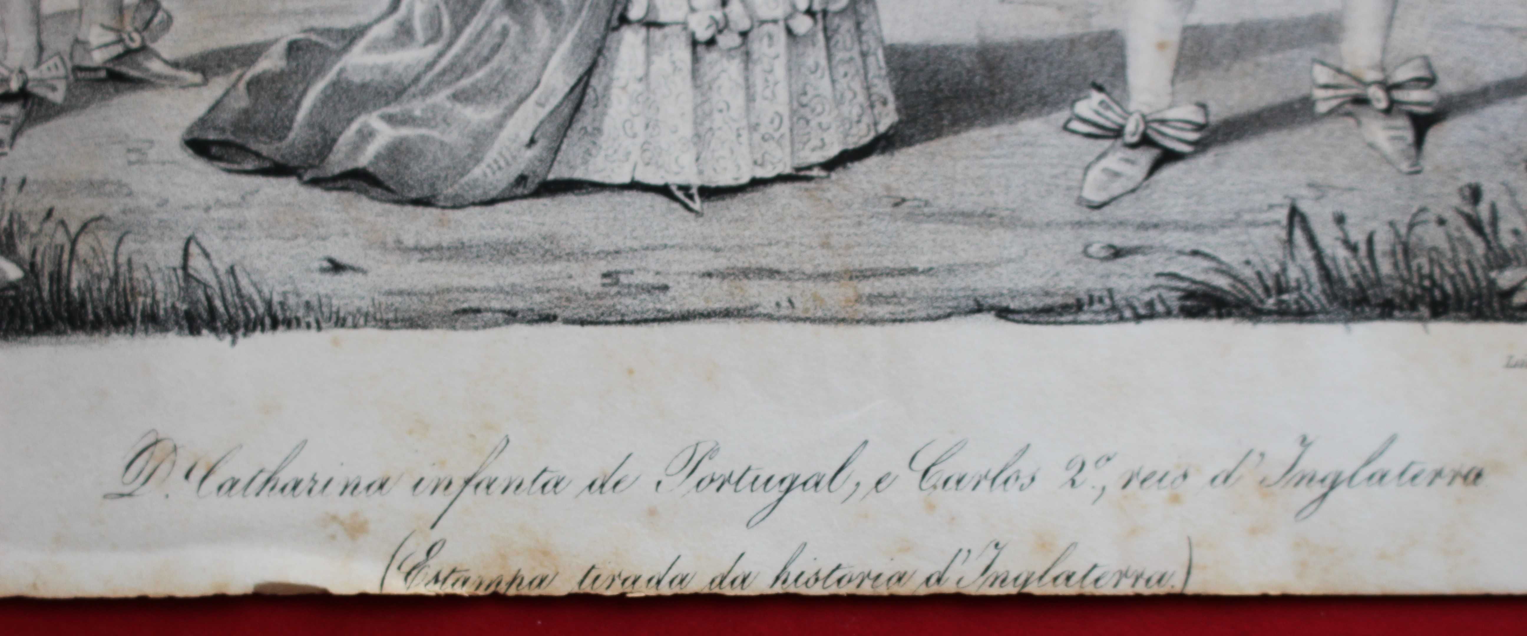 D Catarina de Bragança e Carlos II reis de Inglaterra litografia