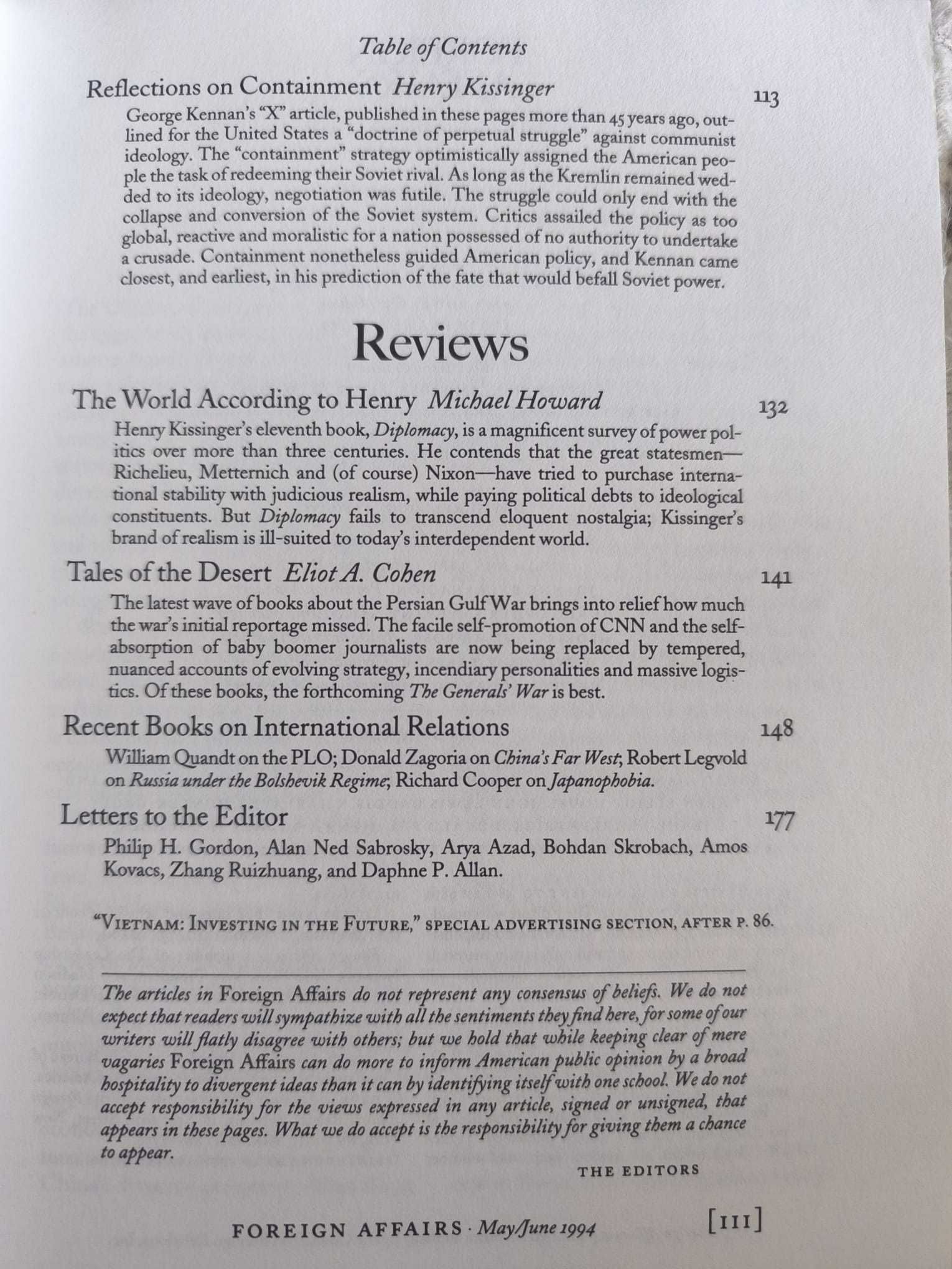 Revista "Foreign Affairs" May/June 1994 Volume 73, Number 3