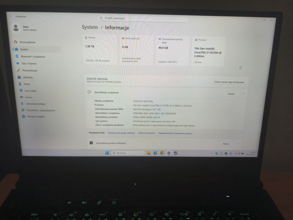 Rezerwacja ASUS TUF Dash F15 FX516PR – i7, RTX, 40 GB RAM, 1,38 TB SSD
