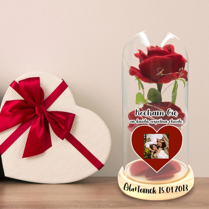 Wieczna róża drewniana twoje zdjęcie + imię na walentynki dla niej