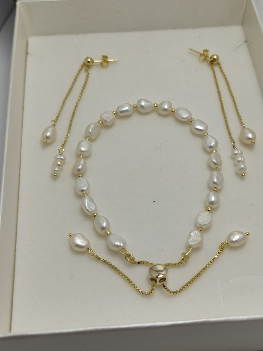 Komplet biżuterii srebrnej 925 pozłacanej z naturalnymi perłami