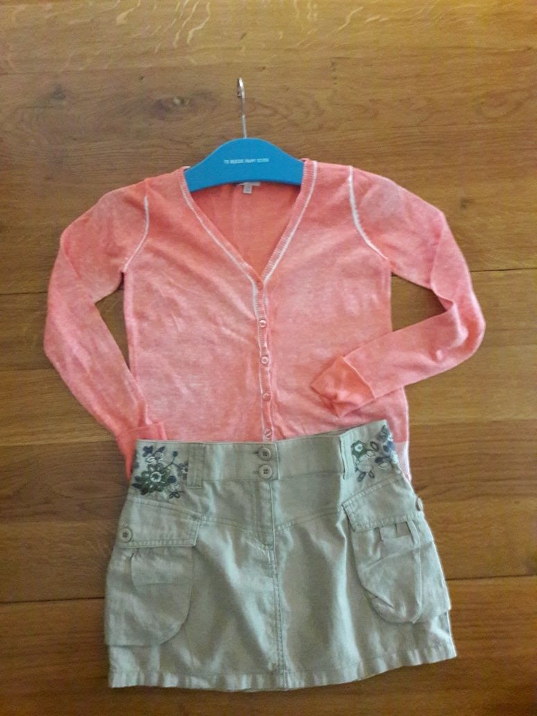 Stylowy zestaw sweter orange ombre/spódnica len haft r 140/146