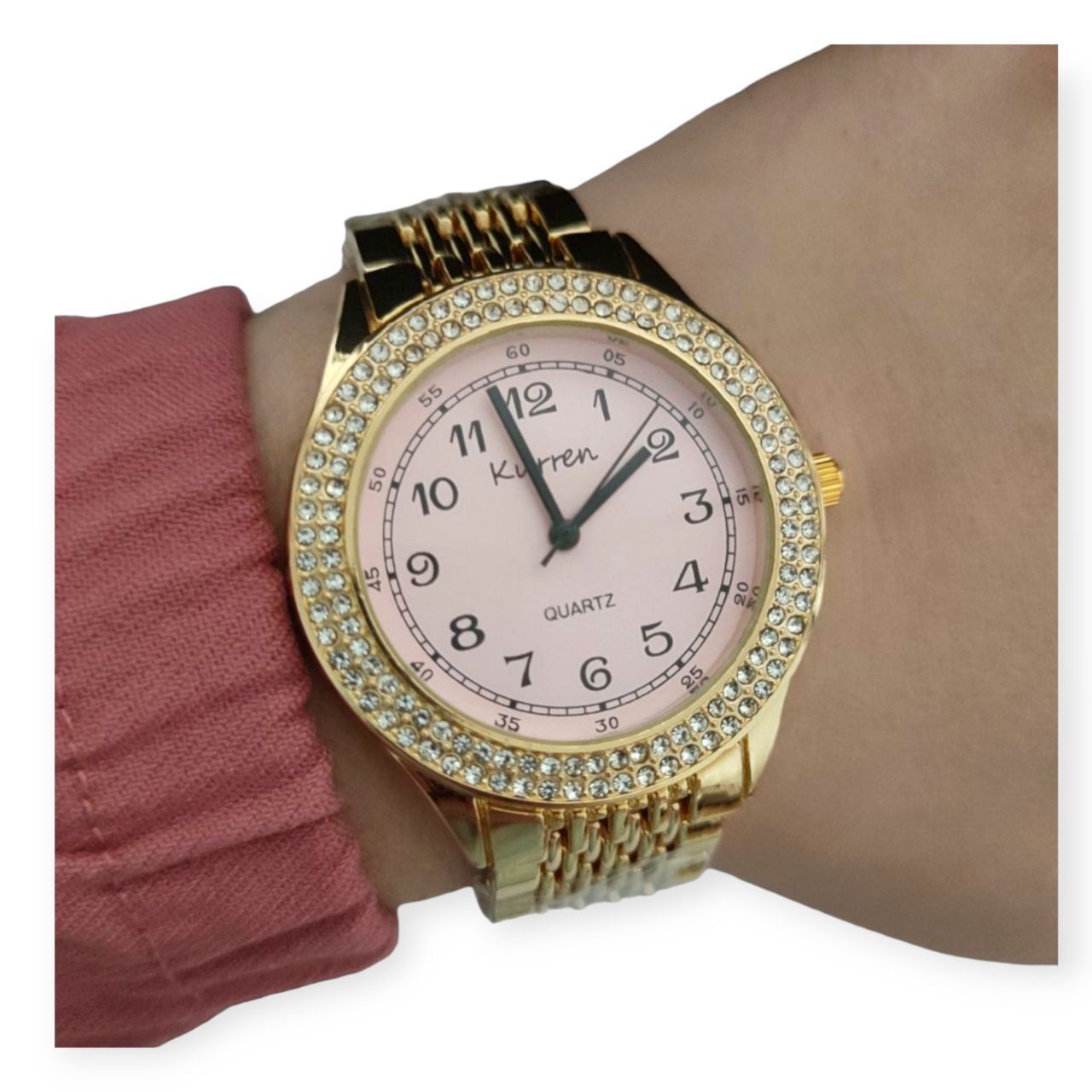 Zegarek damski złoty na bransolecie cyrkonie stylowy różowa tarcza