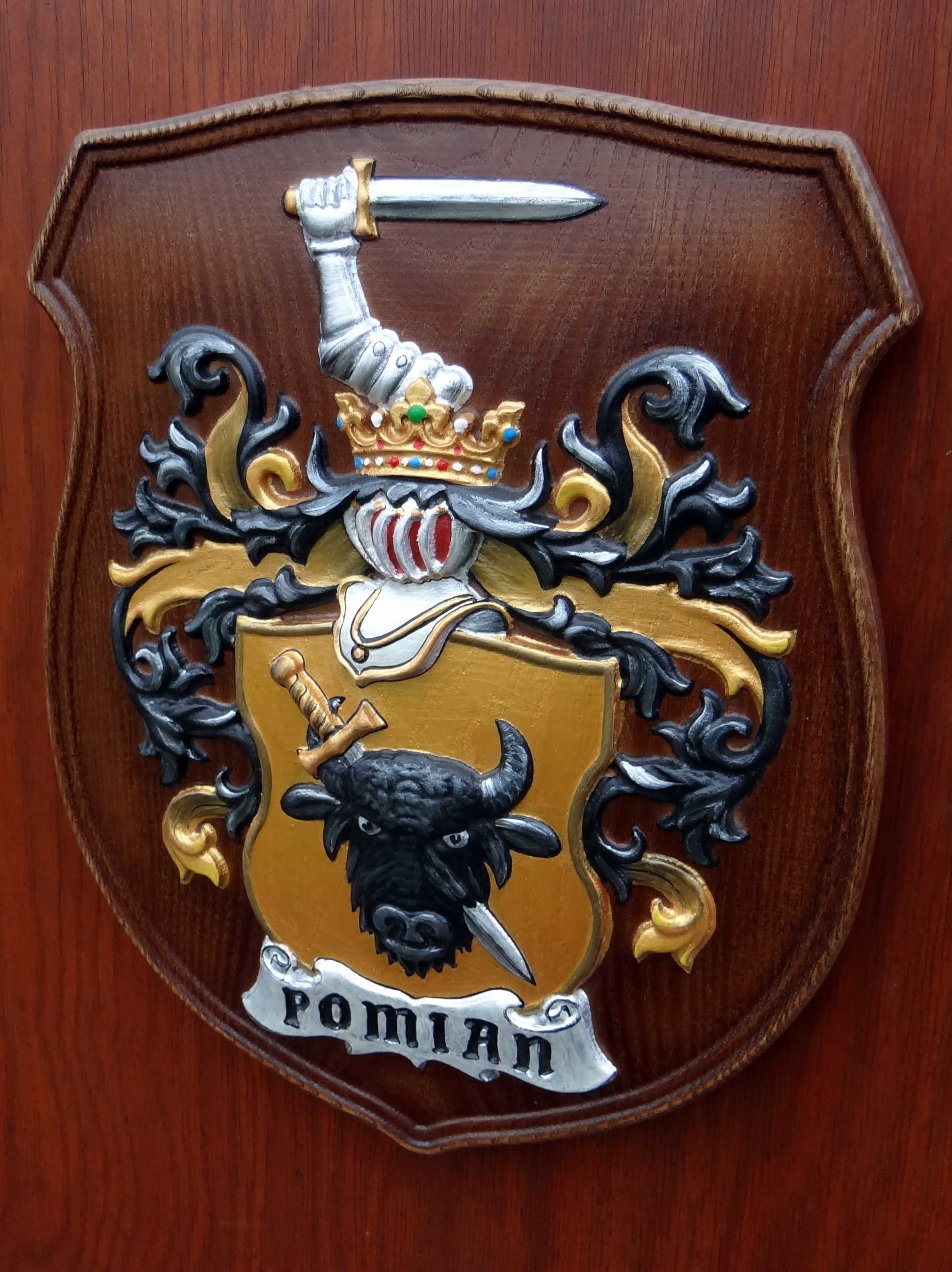 Herb szlachecki POMIAN - płaskorzeźba w drewnie jesionowym