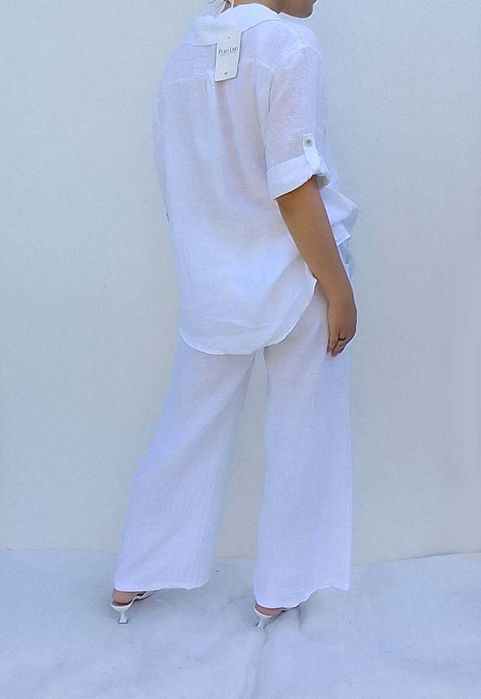 Nowy Lniany komplet szerokie spodnie koszula 100% len puro S M L uni