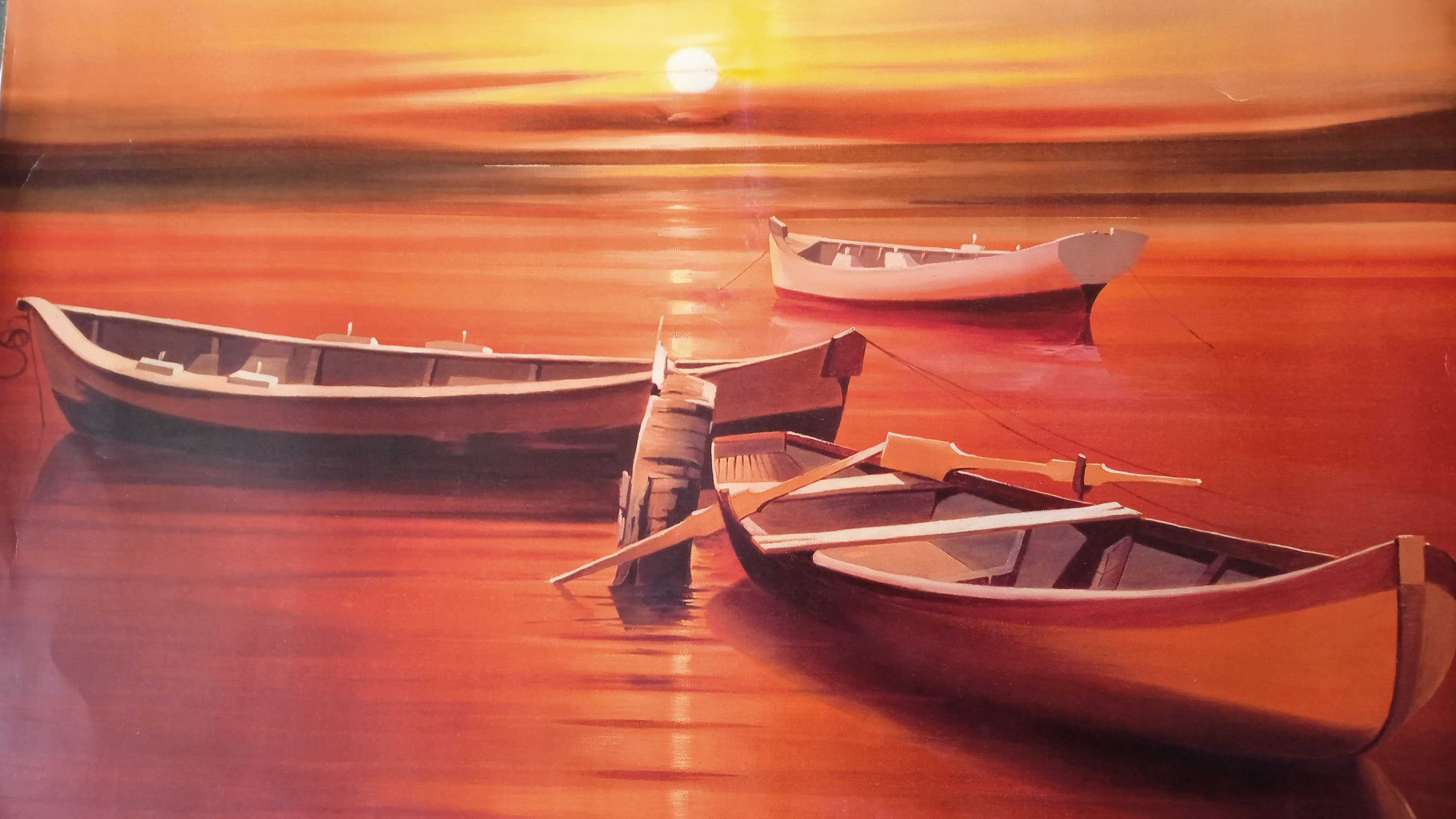 Zachód słońca nad wodą z łodziami,  Leon Wells, print