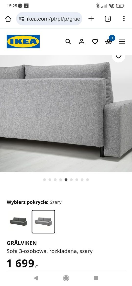 Sofa rozkładana GRÄLVIKEN Ikea, trzyosobowa