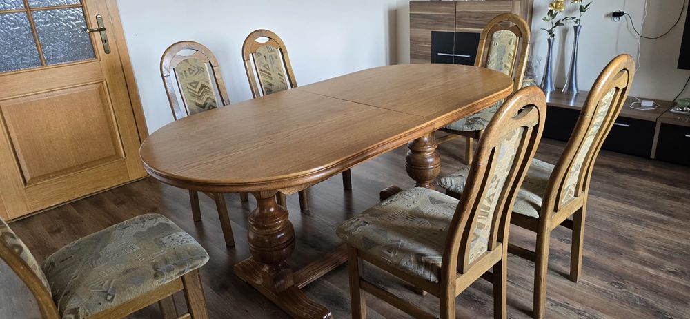 Elegancki komplet: stół dębowy rozkładany 183/248cm/91cm + 6 krzeseł