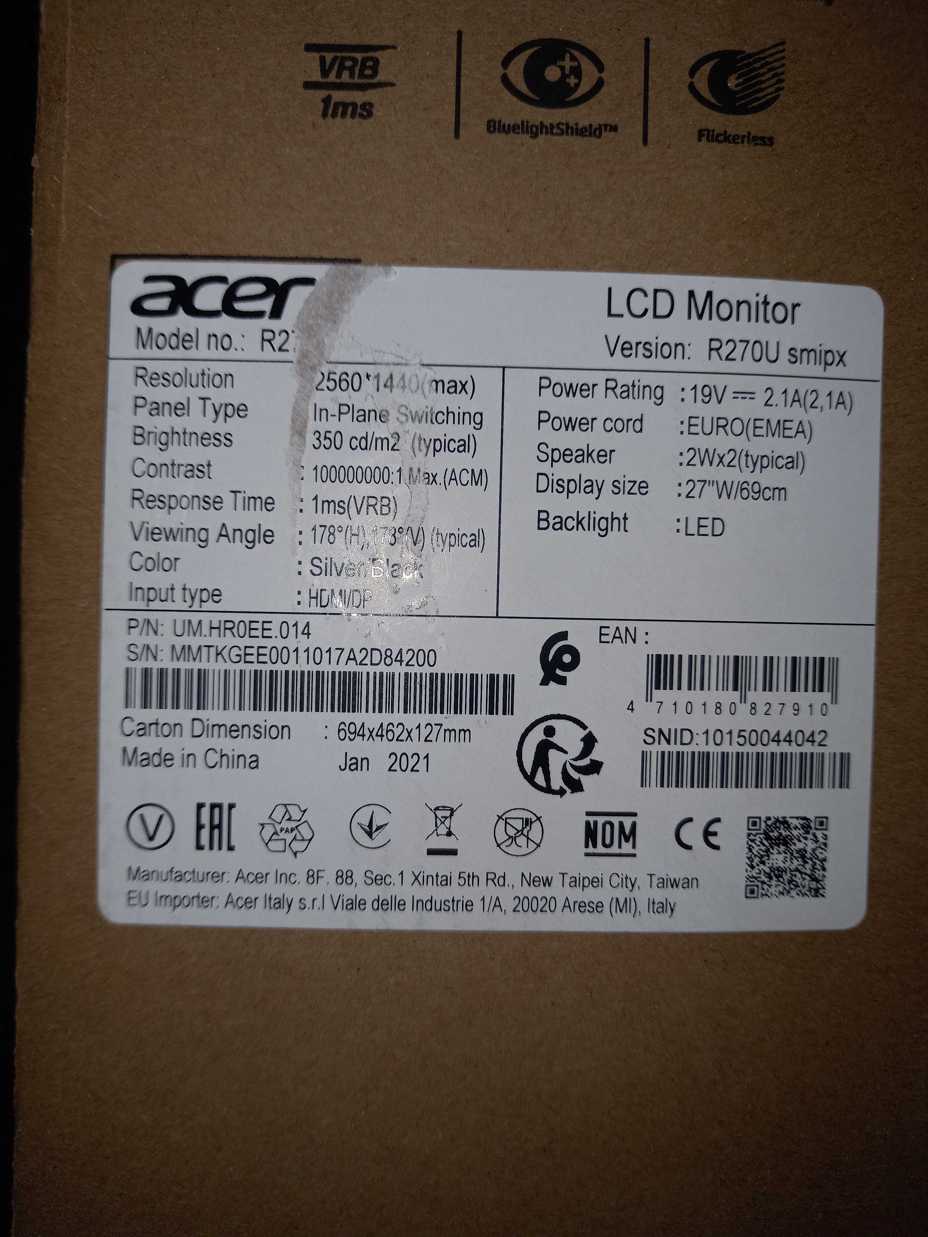 Монитор 27 Acer R270USMIPX  2560x1440 ips