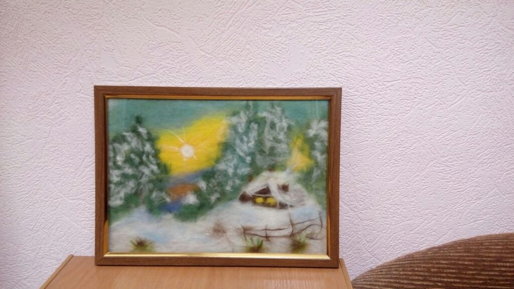 Картина из шерсти. Зимний пейзаж. Подарок на Новый год. Снегири