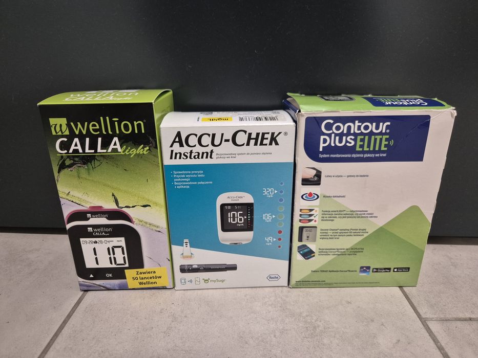 3 szt. glukometrów (Wellon Calla, Accu-Chec, Contour Plus)