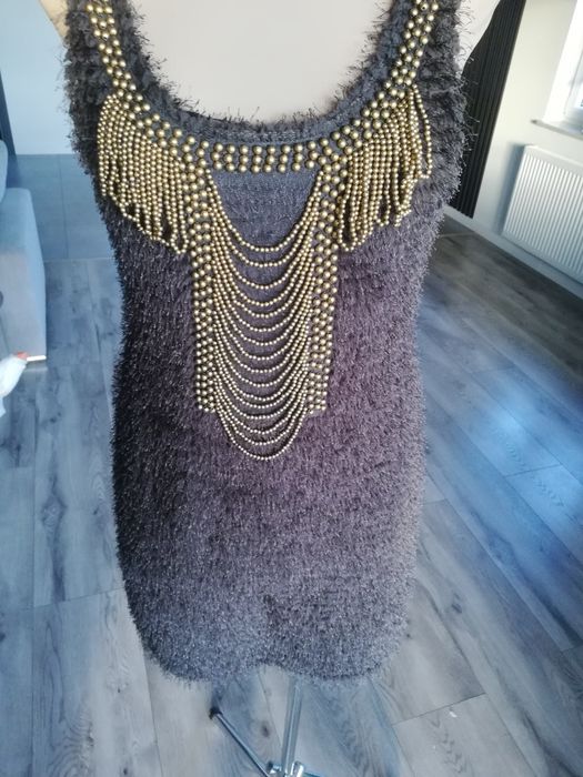 R. 38 sweterkowa szara sukienka łańcuszki