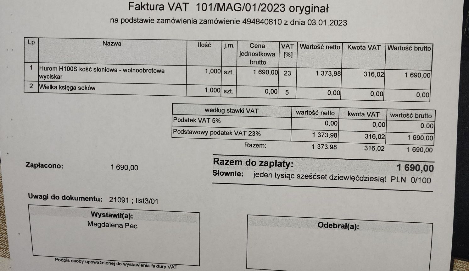 Wyciskarka wolnoobrotowa Hurom H100S na gwarancji