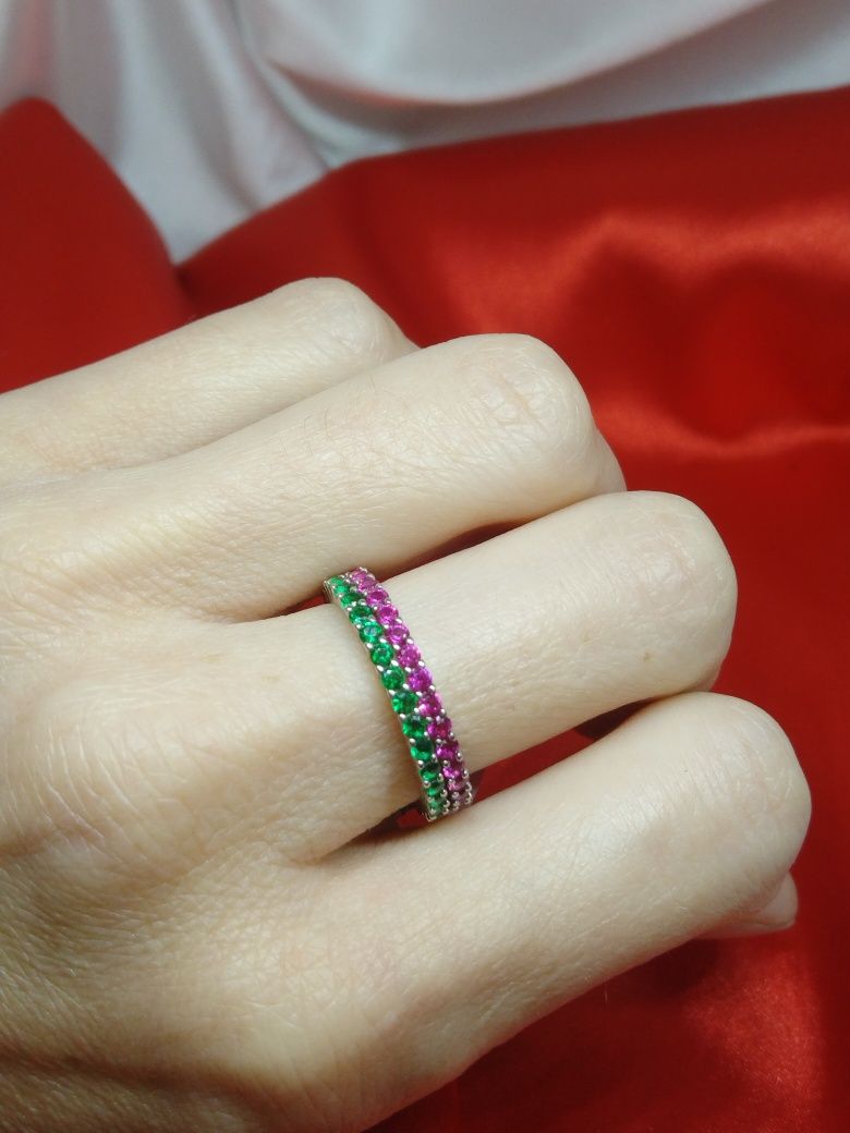 Srebrny pierścionek obrączka z różowymi cyrkoniami, srebro925, R 20