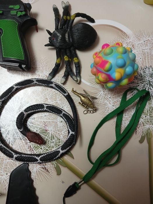 Набір іграшок для хлопчика,пістолет,інструменти,резиновий павук,змія.