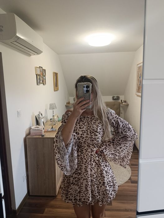 Sukienka zwiewna hiszpanka odkryte ramiona panterka xs s koktajlowa