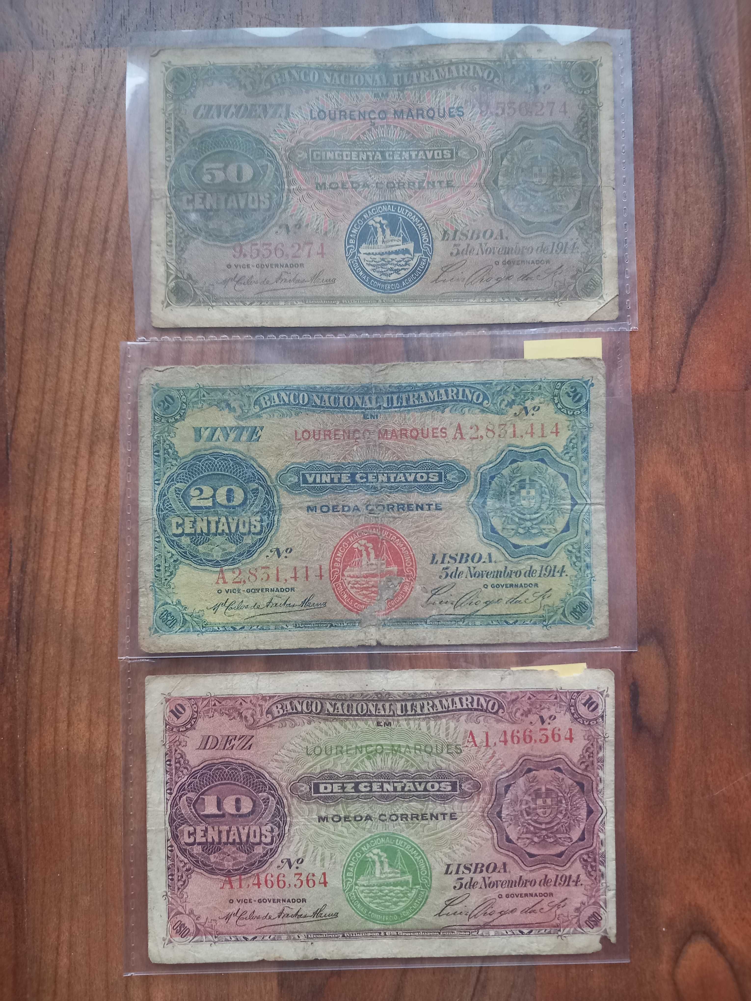 3 Notas de 10, 20 e 50 Centavos 1914 Lourenço Marques