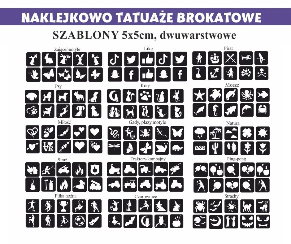 Szablony do tatuaży brokatowych 100sztuk, klej 16ml