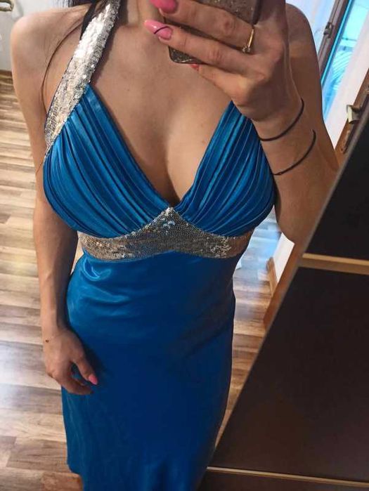 Niebieska długa S SUKIENKA wieczorowa z cekinami błyszcząca  glamour