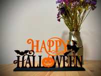Unikalna dekoracja na stół "Happy Halloween" z wiedźmą i nietoperzem