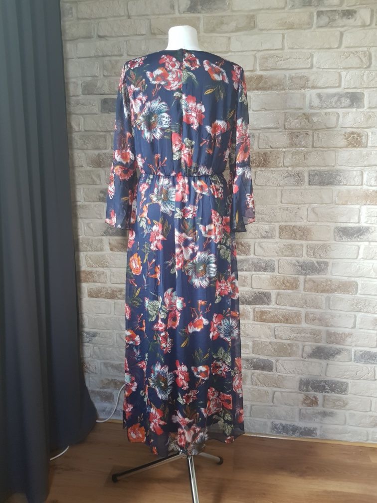 Piękna elegancka sukienka wiosna jesień maxi w kwiaty M L