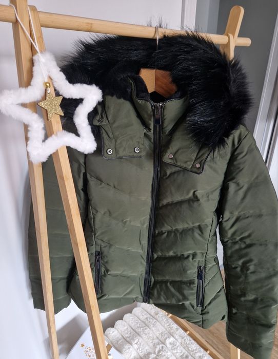 Kurtka zimowa  Zara Down Puffer Coat khaki z z kapturem  r M-L