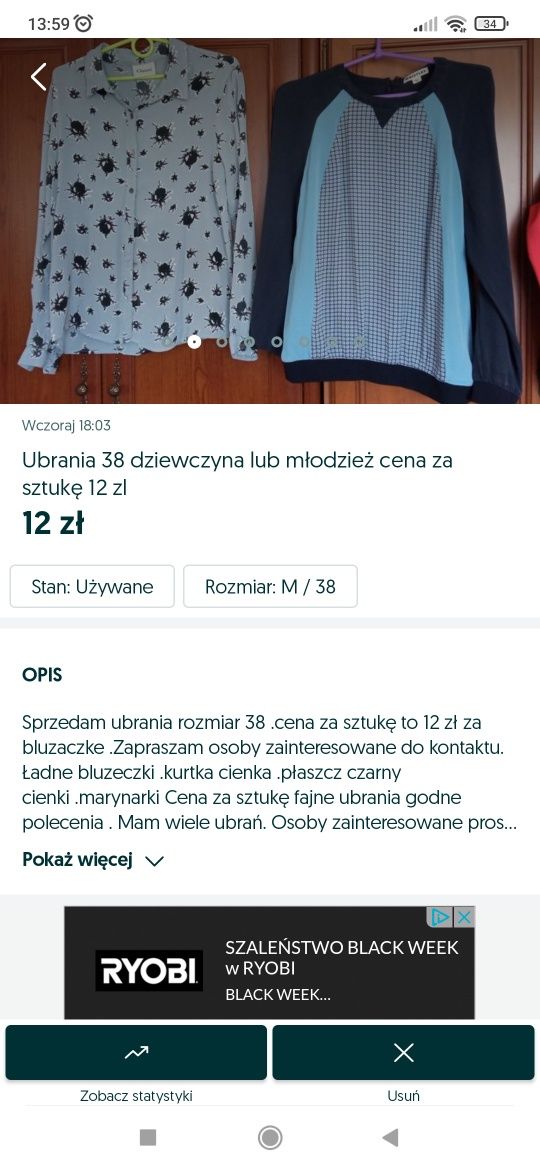 Zestaw ubrań rozmiar 38 M cena za komplet  za 6 ubrań to 50 zł