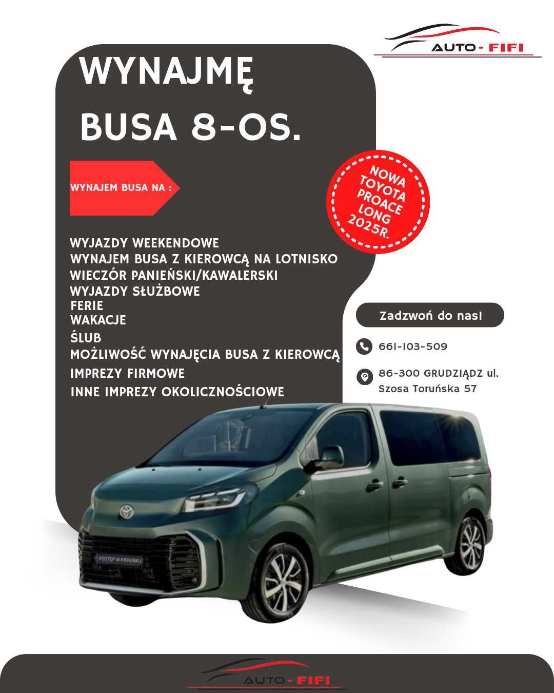 Wynajmę busa wynajem aut busa busów Toyota ProAce Long wesela ferie
