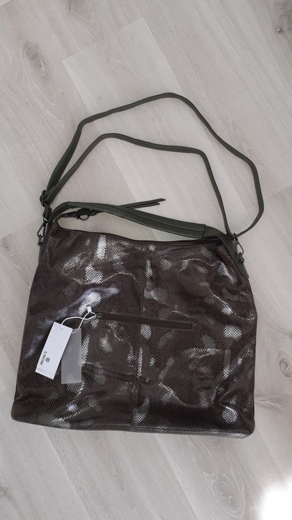 Damska duża torebka shopperka khaki butelkowa zieleń brązowa srebrna