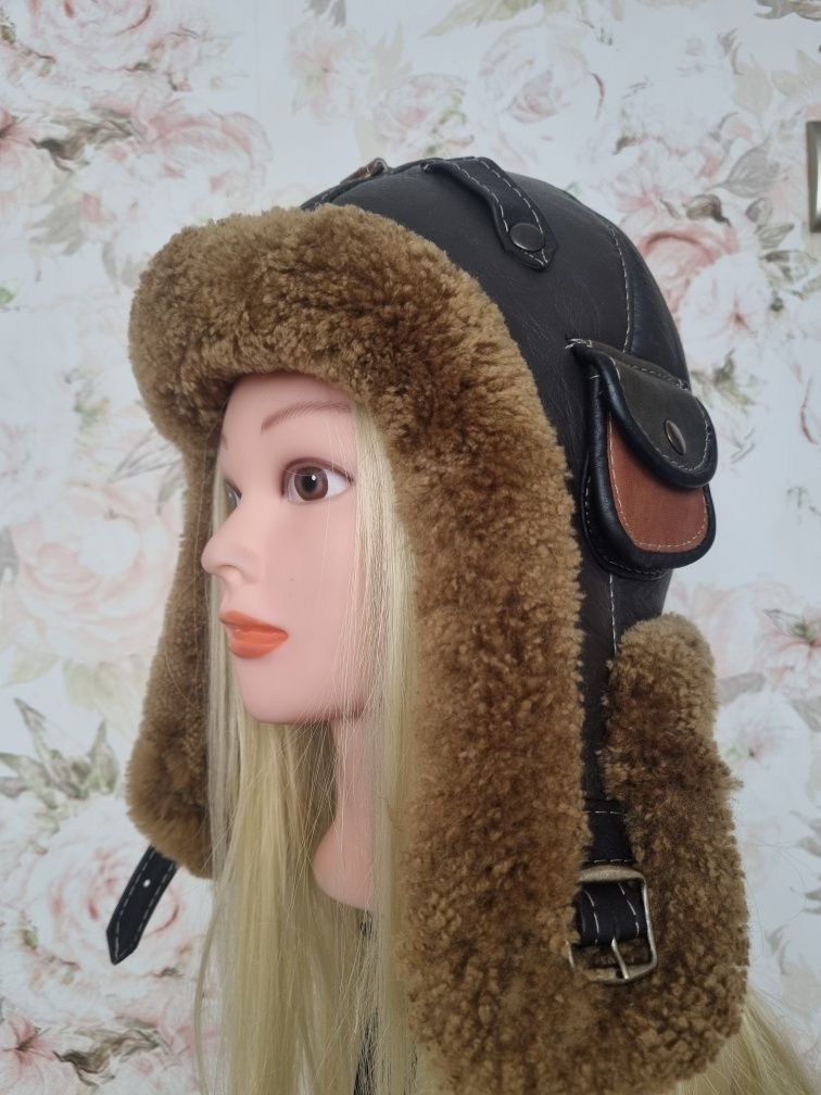 Skórzana czapka pilotka brązowa