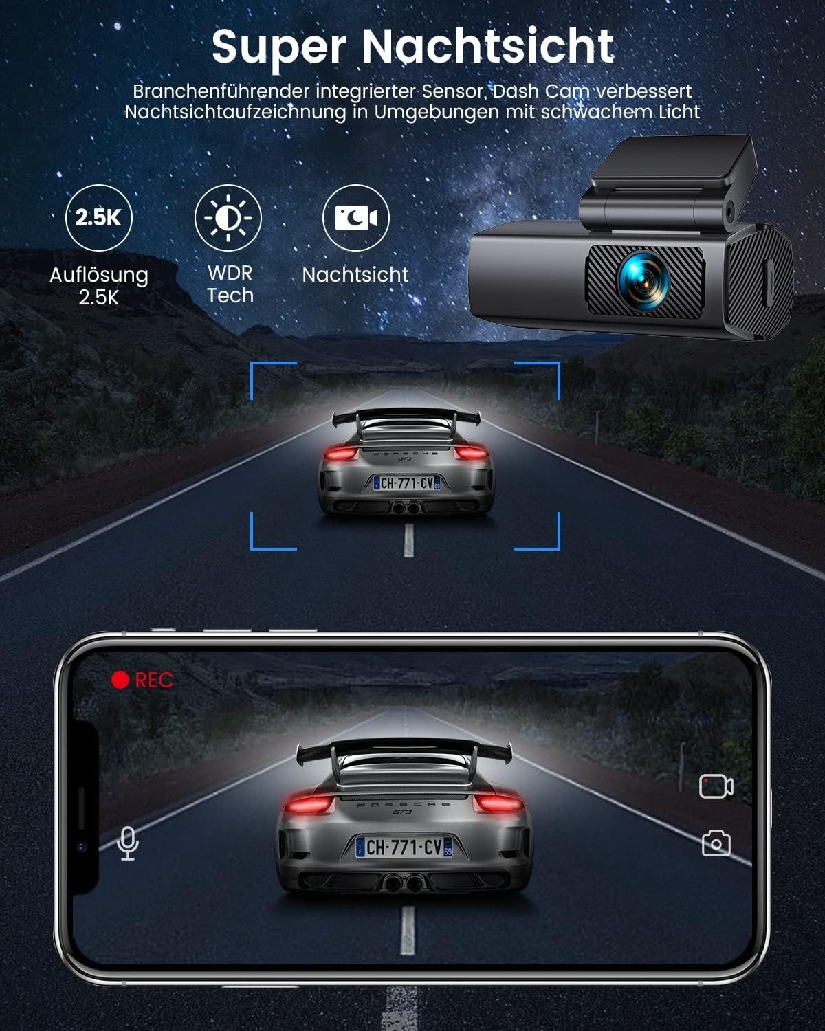 Відеореєстратор EUKI Dash Cam Car, 2.5K WiFi-камера   170° ширококутна