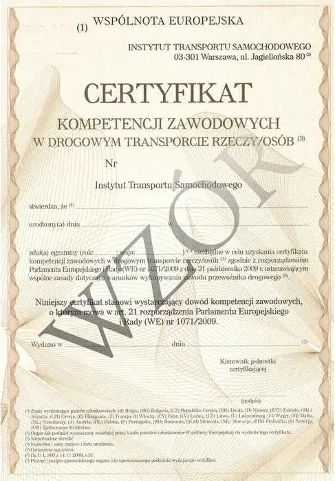 Certyfikat kompetencji zawodowych transport rzeczy