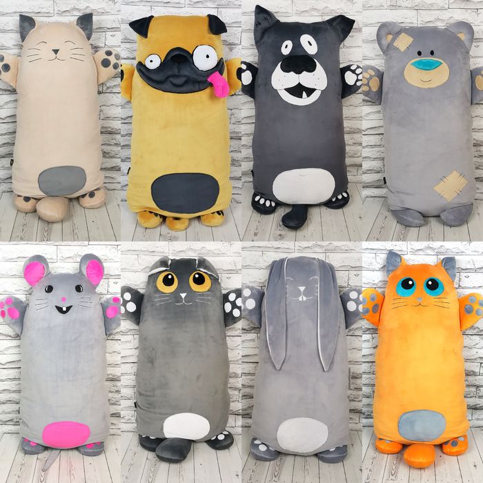 Подушки-обнимашки.Мягкая игрушка Котик. Волк. Мопс. Бульдог. Свинка