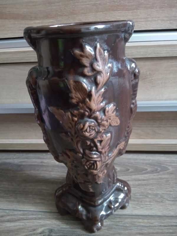 Brązowy wazon w róże, 29 cm, PRL