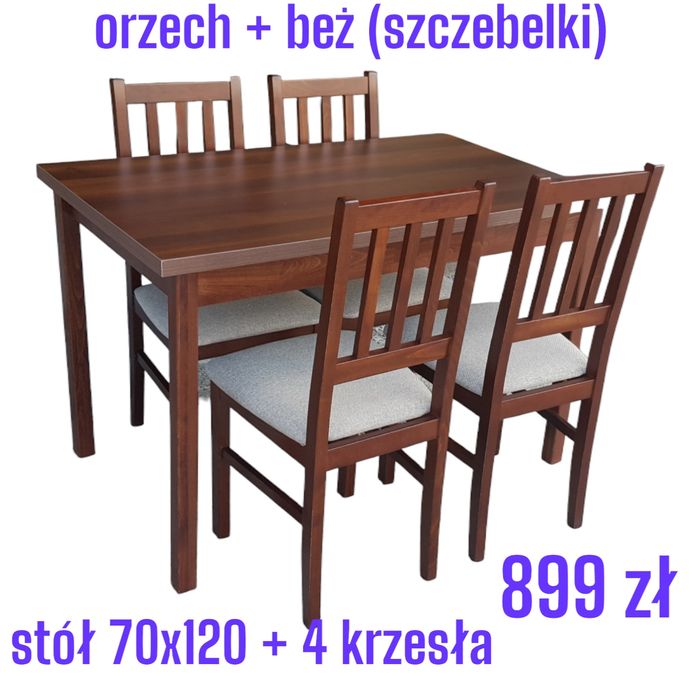 Nowe : STÓŁ + 4 KRZESŁA ,  Orzech + beż ( szczebelki) dostawa PL