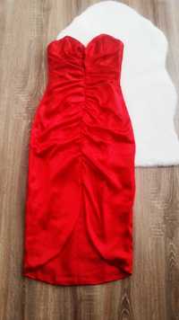 Piękna czerwona satynowa sukienka Wesele Party marszczona gorsetowa